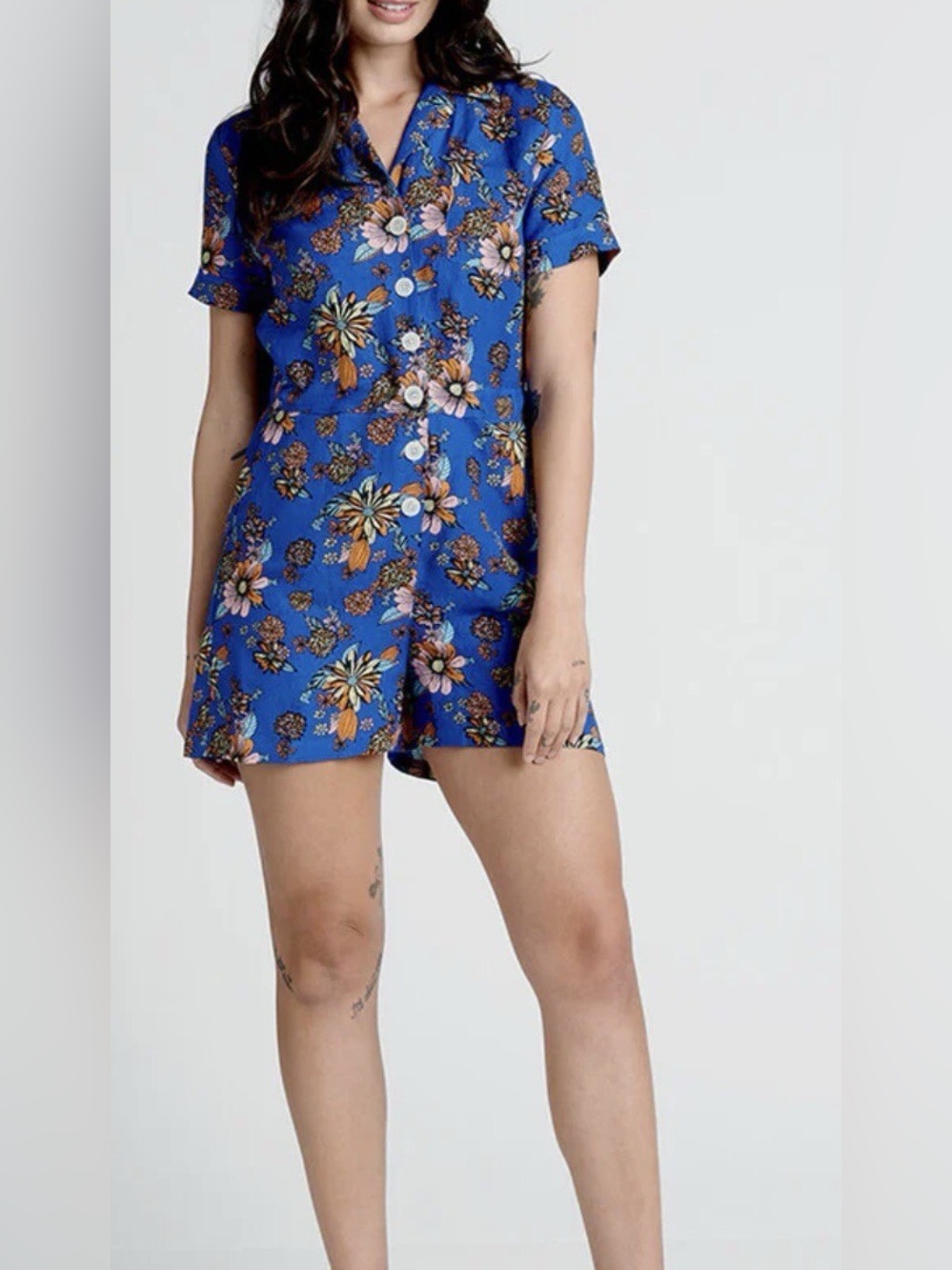 ModCloth Linen Summer Camp‎ Solstice Floral Romper | Size 4